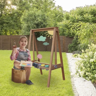Image de AXI Eric Chevalet pour enfants en bois marron | Tableau de peinture avec toile en plexiglas & 4 boîtes de couleurs | 50x70x105 cm