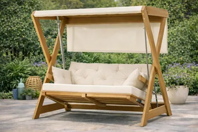 Obrázek produktu pro Zahradní houpací pohovka, moderní styl, bílá, dřevěný rám, pohodlná, relaxační