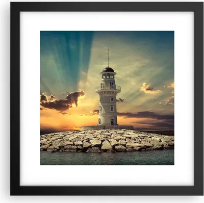 Produktbild von Gerahmtes Poster - Schwarzer Rahmen - Leuchtturm Wasser Meer Steine - 30x30 cm - Wand Bild - Wanddeko - Wandbilder - Wandposter - Bilderrahmen - Bilder - Kunstdruck - Wandbild - P2BAC30x30-2895