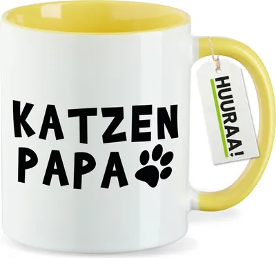 Produktbild von Huuraa Kaffeetasse Katzenpapa Tapse 330ml Gelb Keramik Kaffeebecher Geschenkidee