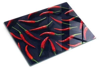 Produktbild von Glas Schneidebrett - 40x30 cm - Küchenbrett - Hartglas - Arbeitsplattenschutz - Servierbrett - Hitzebeständig - Chilischoten
