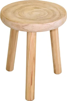 A small, three-legged wooden stool with a round, textured top.