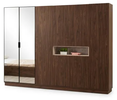 Immagine prodotto di Set completo per camera da letto in stile lussuoso, color marrone, composto da letto, armadio, comodini e elementi di design