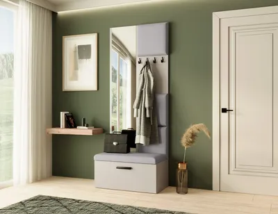 Produktbild von Garderobe MARGARET III, Farbe: Kaschmir + Grau, mit gepolsterten Paneelen, Spiegel und Kleiderhaken
