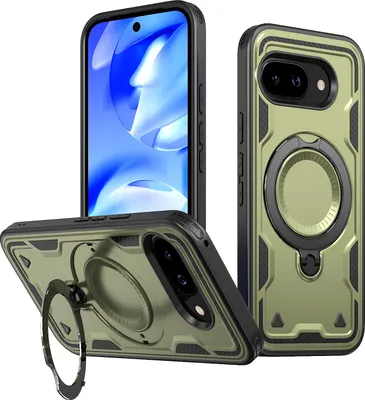 Produktbild von Dual Layer Hülle für Google Pixel 10A Metall Ring Ständer Magnetisch Stoßfest Militär Handyhülle Grün