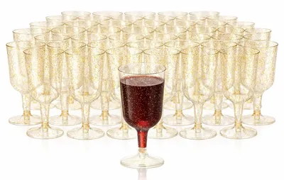 50 Plastik-Weingläser mit Goldglitzer, 170 ml, elegant & stabil