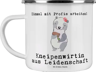 Produktbild von Mr. & Mrs. Panda Haferl Kneipenwirtin Leidenschaft - Weiß - Geschenk, Kneipe, Bar, Teetasse, Emaille Becher, Rum, Gaststätte, Pott, Kaffeepott, Lustig