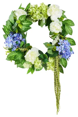 Produktbild von VEVOR Künstlicher Dekorationskranz, 23 Zoll, Blau Weiß Grün, dekoriert mit Hortensien, Rosen, Beeren, Ranken, ganzjähriger Kranz für alle Jahreszeiten, Innen- und Außendekoration für Zuhause, Wand- und Fensterfestdekoration, 58,4 cm, Hortensien-Rebe