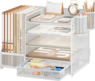 Produktbild von Schreibtisch-Organizer 5 Ebenen, weiß, A4 Dokumentenhalter mit Schubladen und Stiftehaltern, für Büro