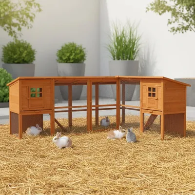 A wooden rabbit hutch with several rabbits in an outdoor setting with straw on the ground.