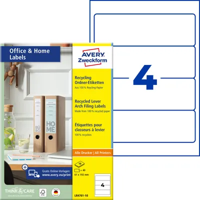 Produktbild von Avery Zweckform LR4761-10, Recycling Ordner-Etiketten, Home Office, Kleinpackung, A4, 61 x 192 mm, 40 Etiketten / 10 Bögen, naturweiß