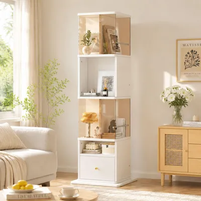 Image de Vitrine Merax, vitrine en verre pivotante avec verre de sécurité, éclairage LED, un tiroir et des étagères ouvertes, armoire haute avec plateau tournant