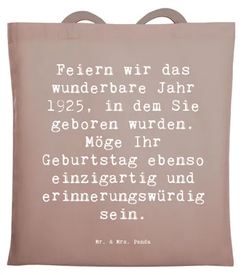 Produktbild von Mr. & Mrs. Panda Tote Bag Spruch 1925 Geburtstag - Braun Pastell - Geschenk, Geburtsjahr, Jubiläum, festivaltasche, Laptoptasche, Alter, Tasche, Feiern, Büchertasche