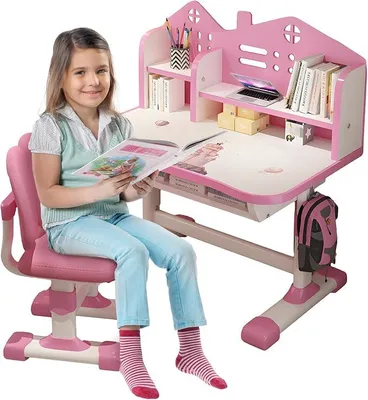 Imagen del producto de Escritorio y silla para niños, con altura ajustable. El escritorio incluye un soporte para libros, estantería, ganchos metálicos, cajón y una superficie de escritorio ampliable. Ideal como regalo para niñas y