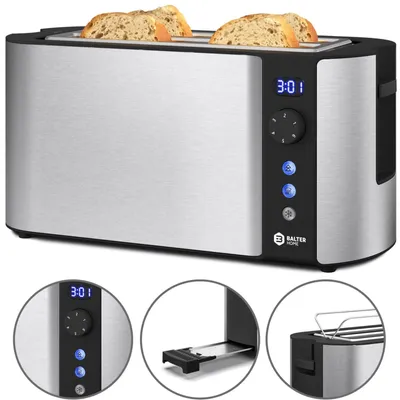 Produktbild von Balter Toaster 4 Scheiben Langschlitz, 1500W, Display, Restzeitanzeige Doppelwandgehäuse, Brötchenaufsatz, Auftaufunktion, Silber
