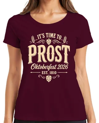 Immagine prodotto di È ora di brindare! Maglietta da donna "Oktoberfest 2026", con scritta "Bier Wiesn Lederhose Dirndl", colore bordeaux, taglia M