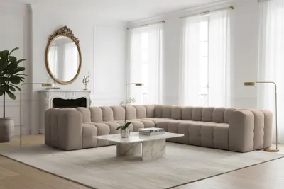 Produktbild von Ecksofa Designersofa SOLVIE in Stoff Tiffani Taupe Seite Universal