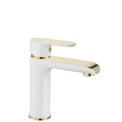 A white and gold faucet against a white background.
