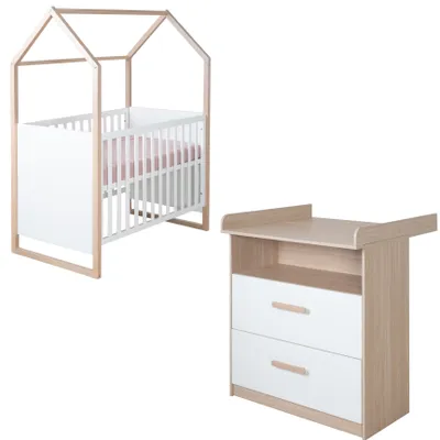 Produktbild von roba Babymöbel Set Cabane 2-teilig - Baby- & Beistellbett 60 x 120 cm + Wickelkommode mit abnehmbarem Aufsatz - Kinderzimmer in Weiß / Nachbildung Eiche