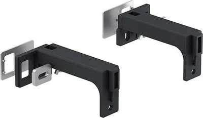 Two black mounting brackets with silver metal plates are shown against a white background.