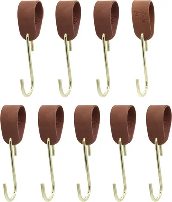 Produktbild von Natural Goods Berlin Garderobenhaken GARD Schlaufe, veganer Kunstlederriemen, Lederschlaufe, Lederband, Braun, mit GARD Haken FLAT in Gold, 9 Stück