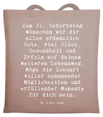 Produktbild von Mr. & Mrs. Panda Jutebeutel Spruch 21. Geburtstag - Braun Pastell - Geschenk, Beutel, neues Lebensjahrzehnt, Einkaufstasche, Uni Tasche, Geburtstagsgeschenk, Erfolg