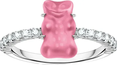 A pink gummy bear ring with diamonds on a white background.