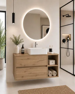 ORIGEN BATH ZEUS Holzplatten-Badmöbel mit Aufsatzbecken 80x45 cm, rechts, Estepa