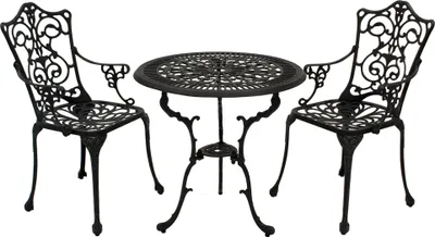 A black cast aluminum bistro set with a round table and two chairs, displayed on a white background.