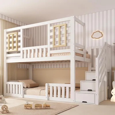 Produktbild von Merax Etagenbett Kinderbett 90x200cm mit Stauraum und Kletterleiter, Holzbetten mit Kleiderschrank und LED-Beleuchtung, Sicherheitsgeländer, Weiß