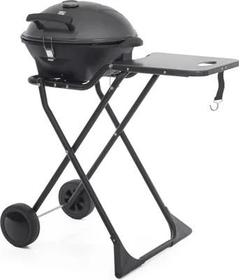 A black electric grill on a folding stand with wheels, shown against a white background.