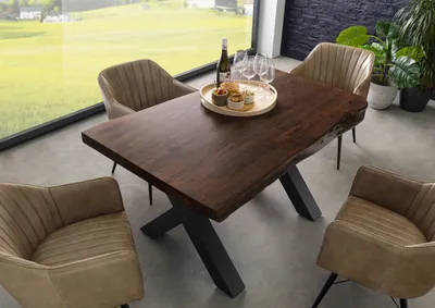 Produktbild von MASSIVMOEBEL24 Baumtisch Akazie 140x90x77 braun lackiert / X-Beine anthrazit matt FREEFORM 5