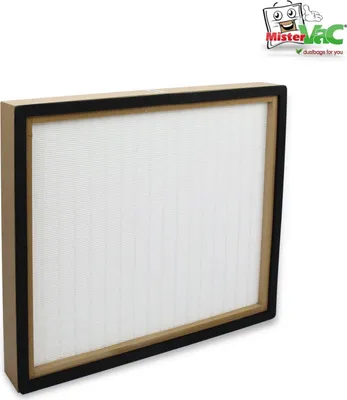 A product shot of a HEPA filter with a logo in the top right corner.