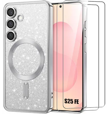 Image de Coque + 2 Verres Trempés pour Samsung Galaxy S25 FE, Protection Paillette Cercle Magnétique Film Caméra - Argenté