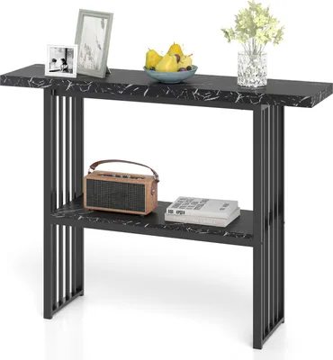 Produktbild von Konsolentisch Marmor, 120 cm Eingangstisch mit Metallgestell, Schmaler Flurtisch in kandinavischer Stil, Multifunktionaler Stehtisch (Schwarz)