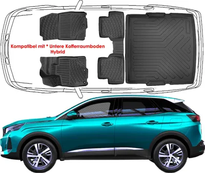 Produktbild von 3D Auto Fußmatten & Untere Kofferraumwanne Set Kompatibel mit Peugeot 3008 3.Gen Hybrid ab 2024