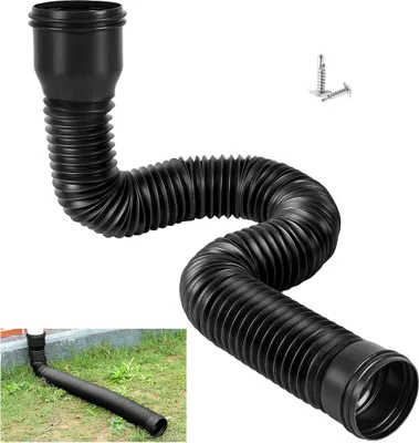 A black flexible drainpipe extension is shown against a white background, with a smaller inset image showing it installed in a garden.