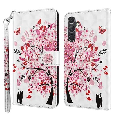 Produktbild von CLM-Tech Handyhülle kompatibel mit Samsung Galaxy A17 5G Hülle - Tasche aus Kunstleder - Klapphülle mit Ständer und Kartenfächern - Schutzhülle Wallet Case Cover Baum rosa weiß