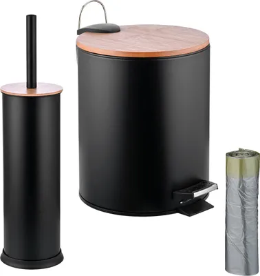 Produktbild von Relaxdays Bad Set, Mülleimer & Klobürste, Kosmetikeimer 5 L, Müllbeutel, WC Bürstenhalter, Eisen & Bambus, schwarz/natur
