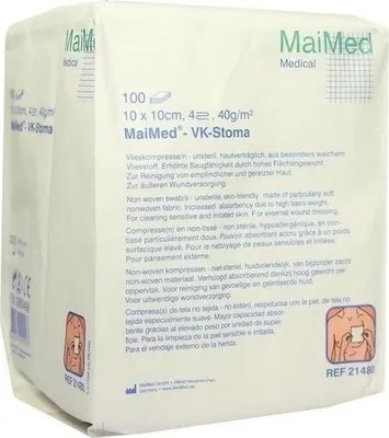 Produktbild von MaiMed Stoma Vliesstoffkompressen 4-lagig 10 x 10 cm 100 Stück 40 g