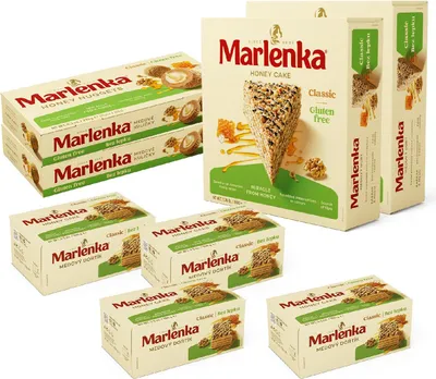 Produktbild von MARLENKA® Glutenfreier Mix-Produkt | 2 x Glutenfreier Honigkuchen mit Walnüssen (2 x 800 g), 2 x Glutenfreie Honigkugeln (2 x 235 g), 4 x Glutenfreies Honigtörtchen mit Walnüssen (4 x 100 g)