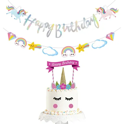 Einhorn-Geburtstagsdeko: Happy-Birthday-Girlande + Tortenaufsatz