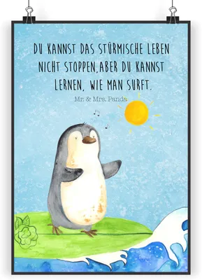 Produktbild von Mr. & Mrs. Panda Bild Pinguin Surfer DIN A3 - Eisblau - Geschenk, Hawaii, Optimistisch, Deko, Wandbild, Urlaub, Designposter, Portugal, wanddeko, Motiviert, drucke