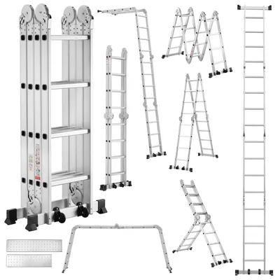 Image de TEENO Échelle Multifonction 7 en 1, 4.7 M, 4x4 marches, Échelle Pliante en Aluminium avec 2 Plateformes, Pieds en Caoutchouc, 2 Roues Amovibles
