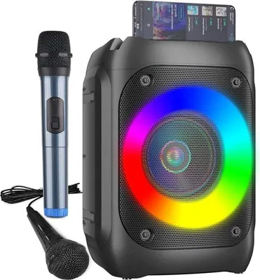 Obrázek produktu pro Přenosný karaoke systém s Bluetooth reproduktorem a bezdrátovým mikrofonem – profesionální karaoke vybavení s LED osvětlením, Bluetooth/TF/USB/AUX/FM/TWS