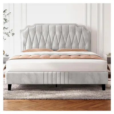 Produktbild von Polsterbett Doppelbett 160 x 200 cm Stoffbettgestell mit höhenverstellbarem Kopfteil und Lattenrost, Beige
