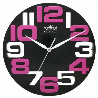 Obrázek produktu pro MPM-Quality Innovative – Nástěnné kulaté hodiny plastové, 3D arabské číslice, černé, průměr 25.4 cm, quartz strojek
