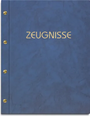 Produktbild von Zeugnismappe im blauen Einband in Marmoroptik, mit hochwertigem Prägedruck in gold – handgefertigte Mappe inkl. 12 Sichthüllen