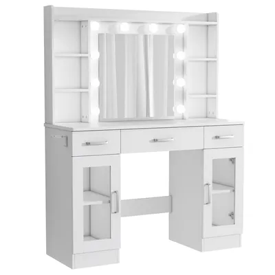 Immagine prodotto di ZELURXX Toeletta bianca 110×40×145 cm con specchio LED 10 luci alimentazione USB incl. sgabello e supporto per asciugacapelli estraibile in metallo