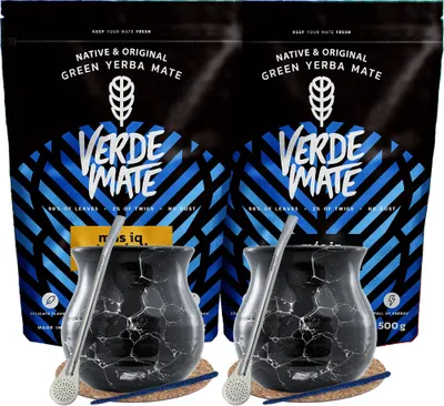 Produktbild von Verde Mate - Mate Tee Set Mas IQ, Tropical 1kg - 2x Keramik Becher - 2x Bombilla Mercedes - Dicke Blätter 5mm - Luftgetrocknet - Yerba Mate Brasilien